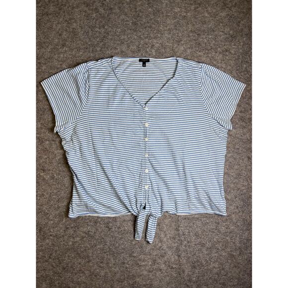Talbots Tops - Talbots Plus Women Size 1X Shirt Blue White Striped Button Front Tie Top V Neck